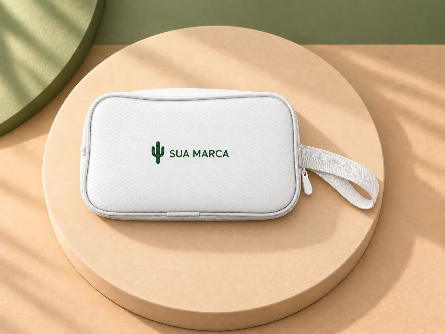 Nécessaire em EVA, com exemplo de personalização colorida: um cacto e o texto “SUA MARCA” impressos em cor