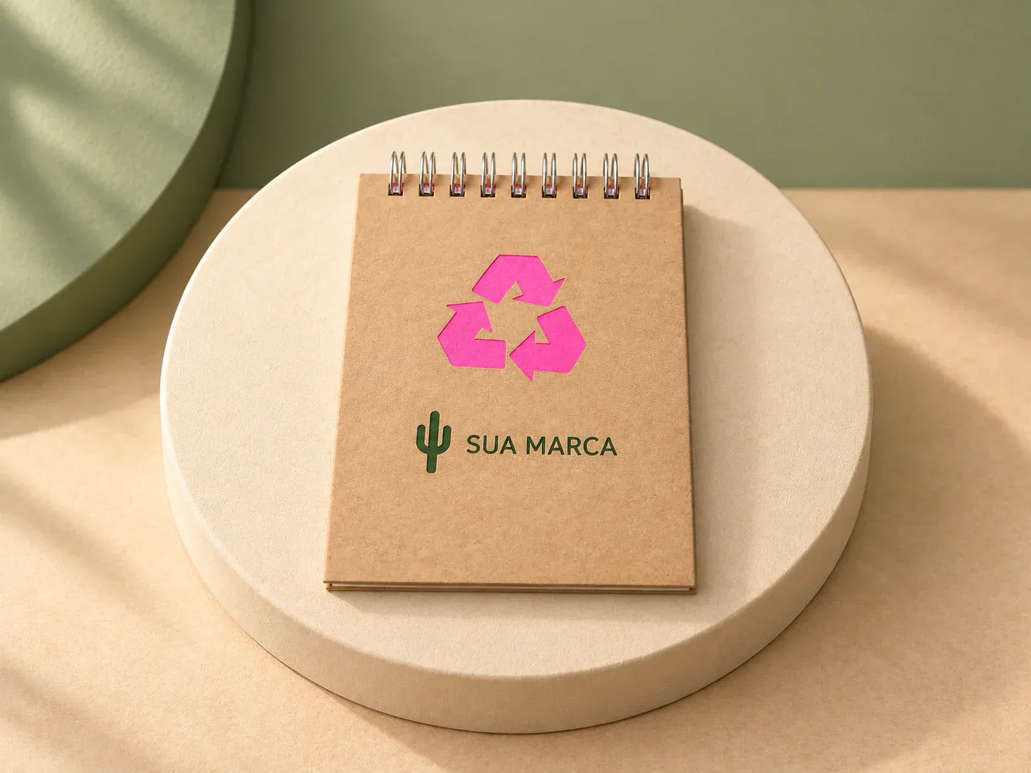 Bloco de anotações ecológico com Wire-O, com exemplo de personalização colorida: um cacto e o texto “SUA MARCA” impressos em cor