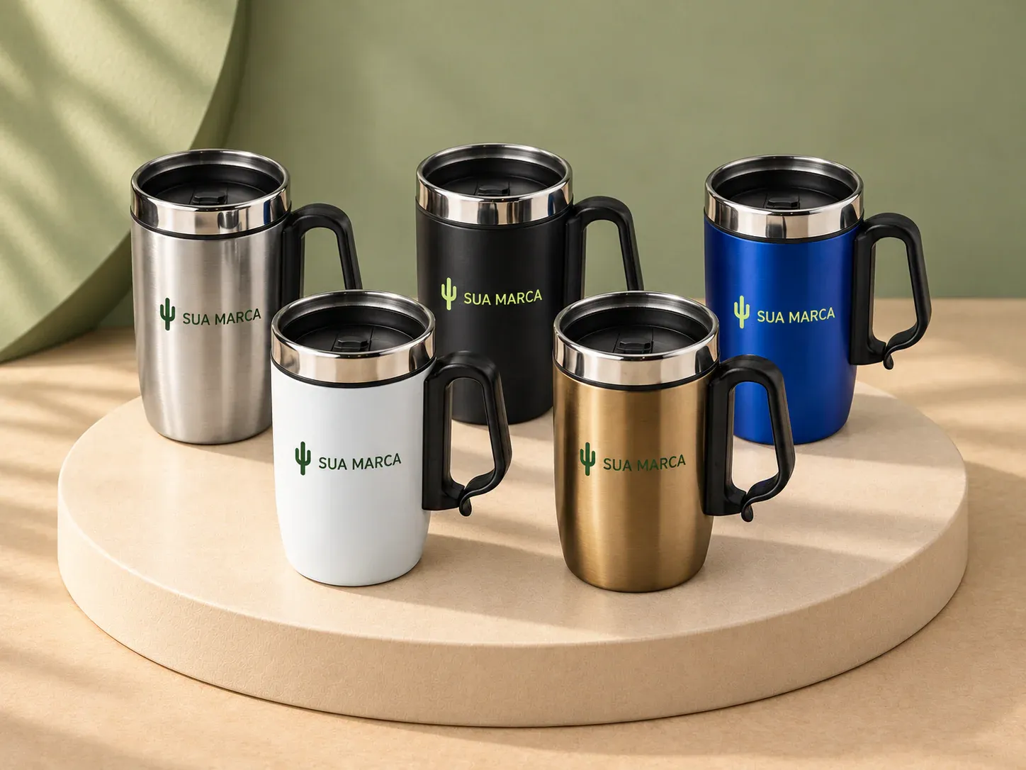 Caneca inox isotérmico 250 ml, com exemplo de personalização colorida: um cacto e o texto “SUA MARCA” impressos em cor