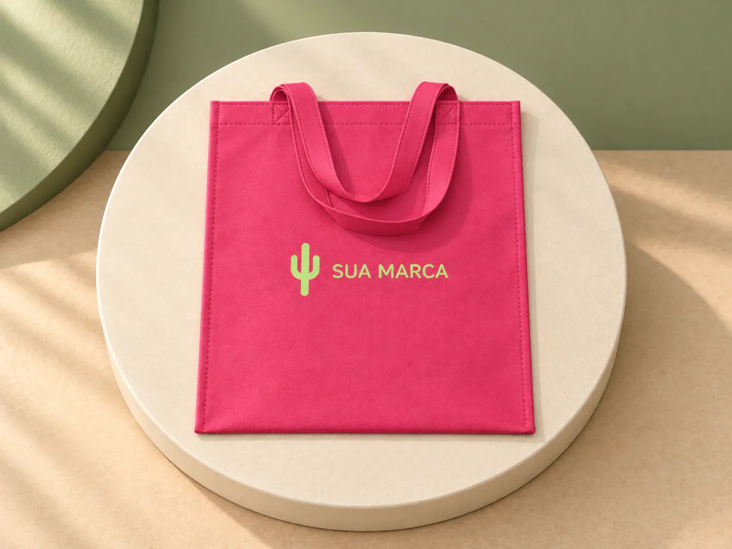 Sacola em non-woven 80 g/m² termo-selado com alças 75 cm, com exemplo de personalização colorida: um cacto e o texto “SUA MARCA” impressos em cor