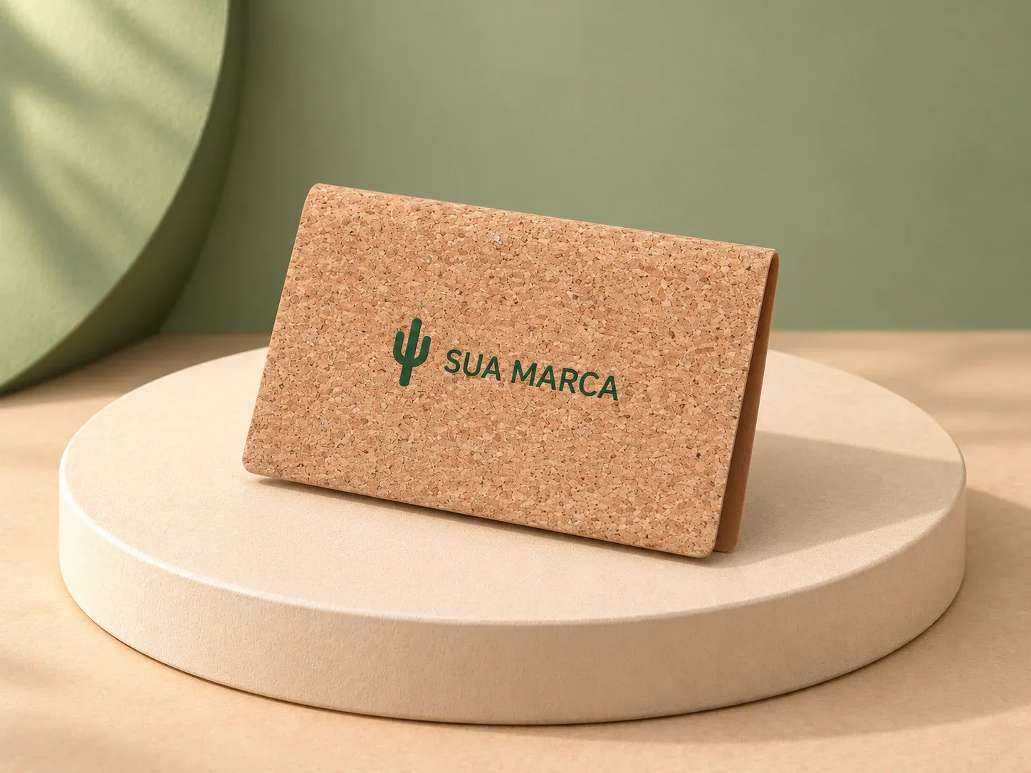 Porta-cartão em cortiça, com exemplo de personalização colorida: um cacto e o texto “SUA MARCA” impressos em cor