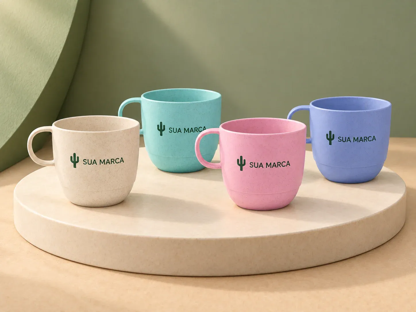 Caneca palha de trigo 300 ml, com exemplo de personalização colorida: um cacto e o texto “SUA MARCA” impressos em cor