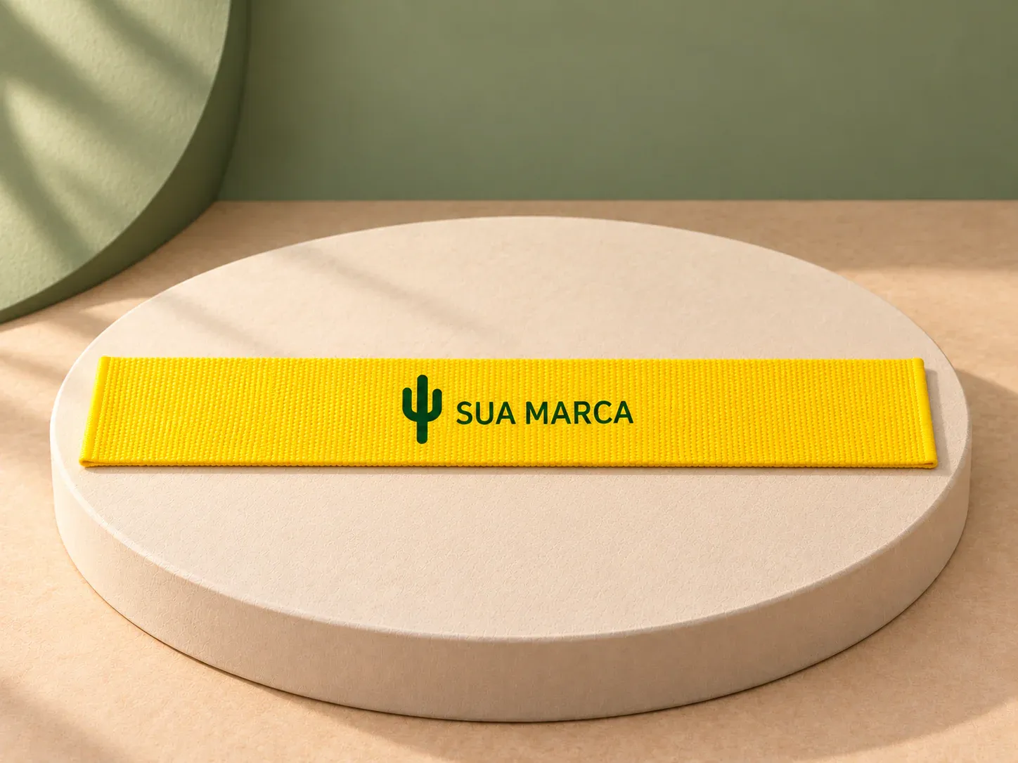 Fita para chapéu em poliéster, com exemplo de personalização colorida: um cacto e o texto “SUA MARCA” impressos em cor