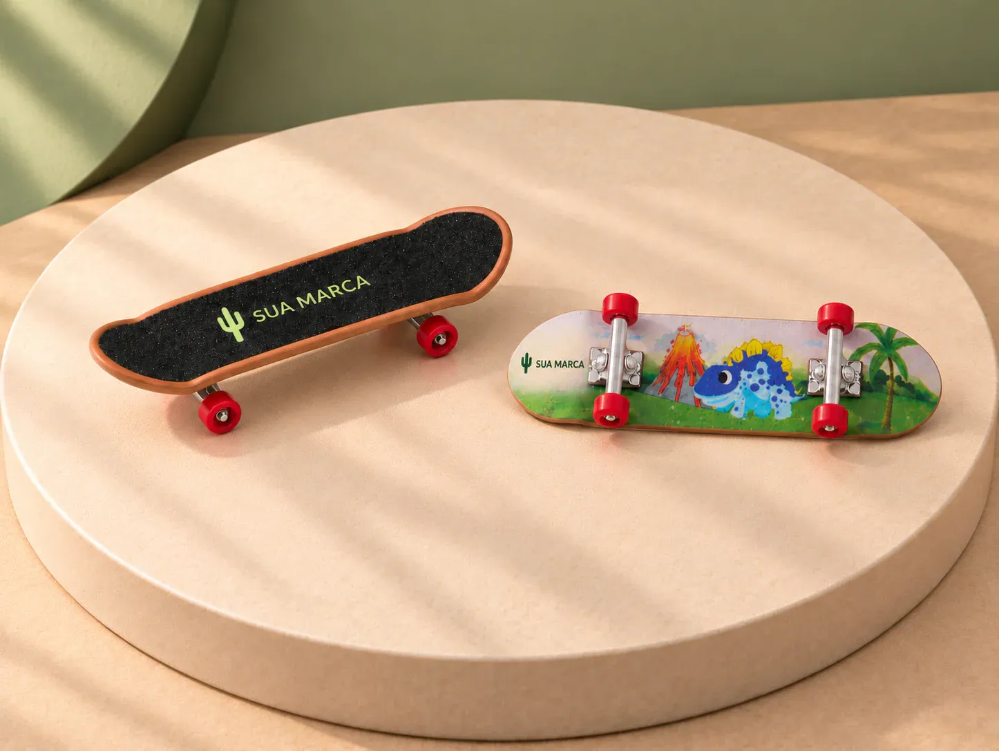 Skate de dedo, com exemplo de personalização colorida: um cacto e o texto “SUA MARCA” impressos em cor