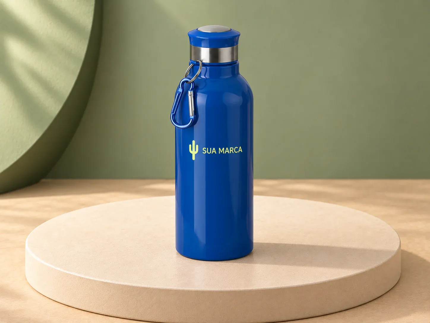 Garrafa inox 700 ml, com exemplo de personalização colorida: um cacto e o texto “SUA MARCA” impressos em cor