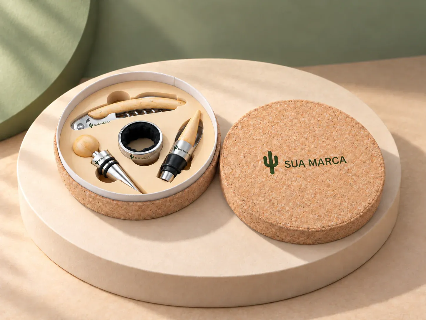 Kit vinho 4 peças em cortiça e bambu, com exemplo de personalização colorida: um cacto e o texto “SUA MARCA” impressos em cor