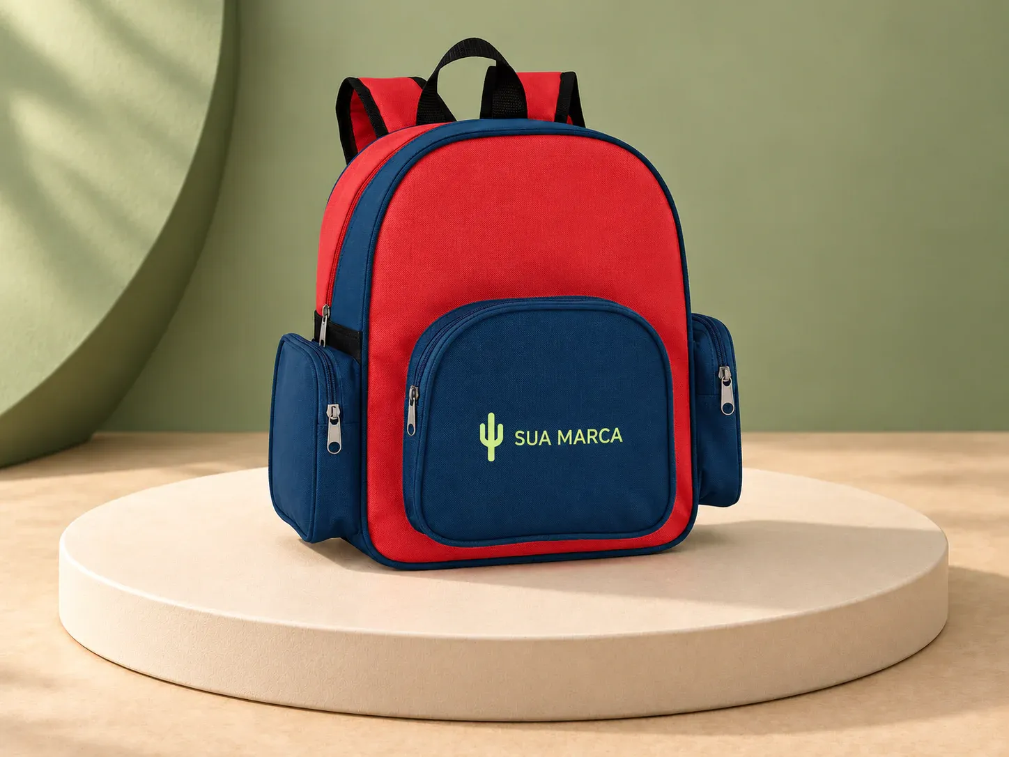 Mochila em 600D, com exemplo de personalização colorida: um cacto e o texto “SUA MARCA” impressos em cor