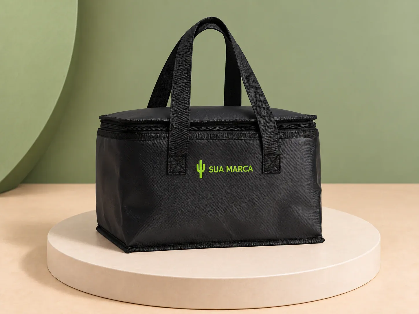 Bolsa térmica 6 litros, com exemplo de personalização colorida: um cacto e o texto “SUA MARCA” impressos em cor