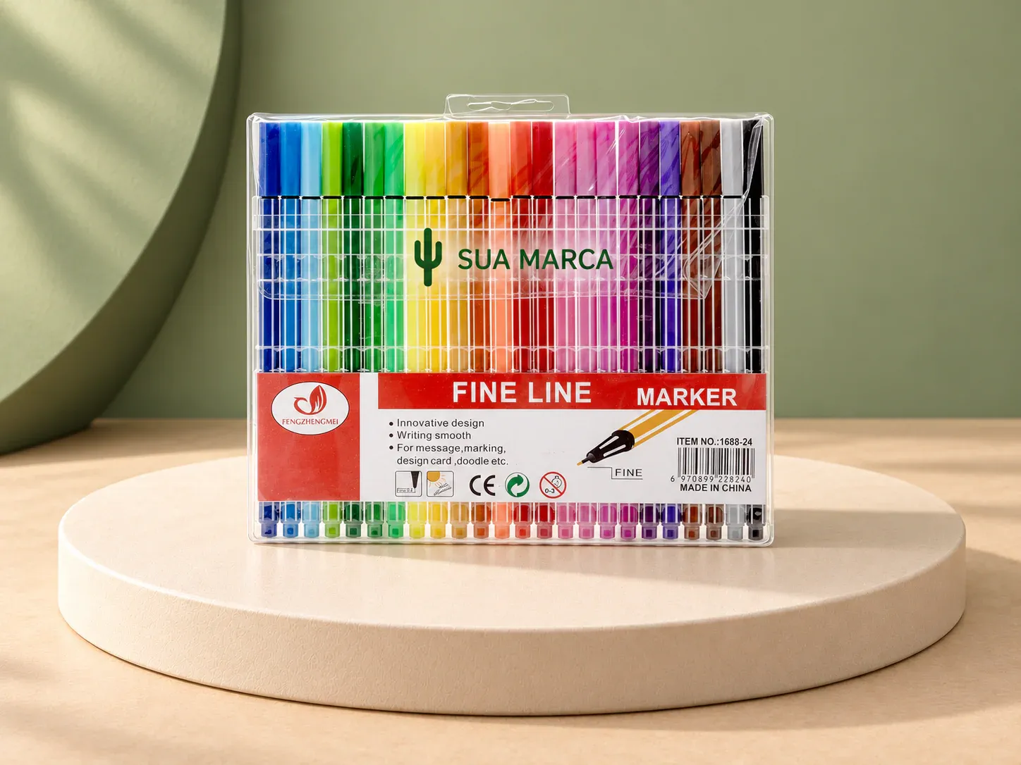 Kit canetinhas traço fino 24 cores, com exemplo de personalização colorida: um cacto e o texto “SUA MARCA” impressos em cor