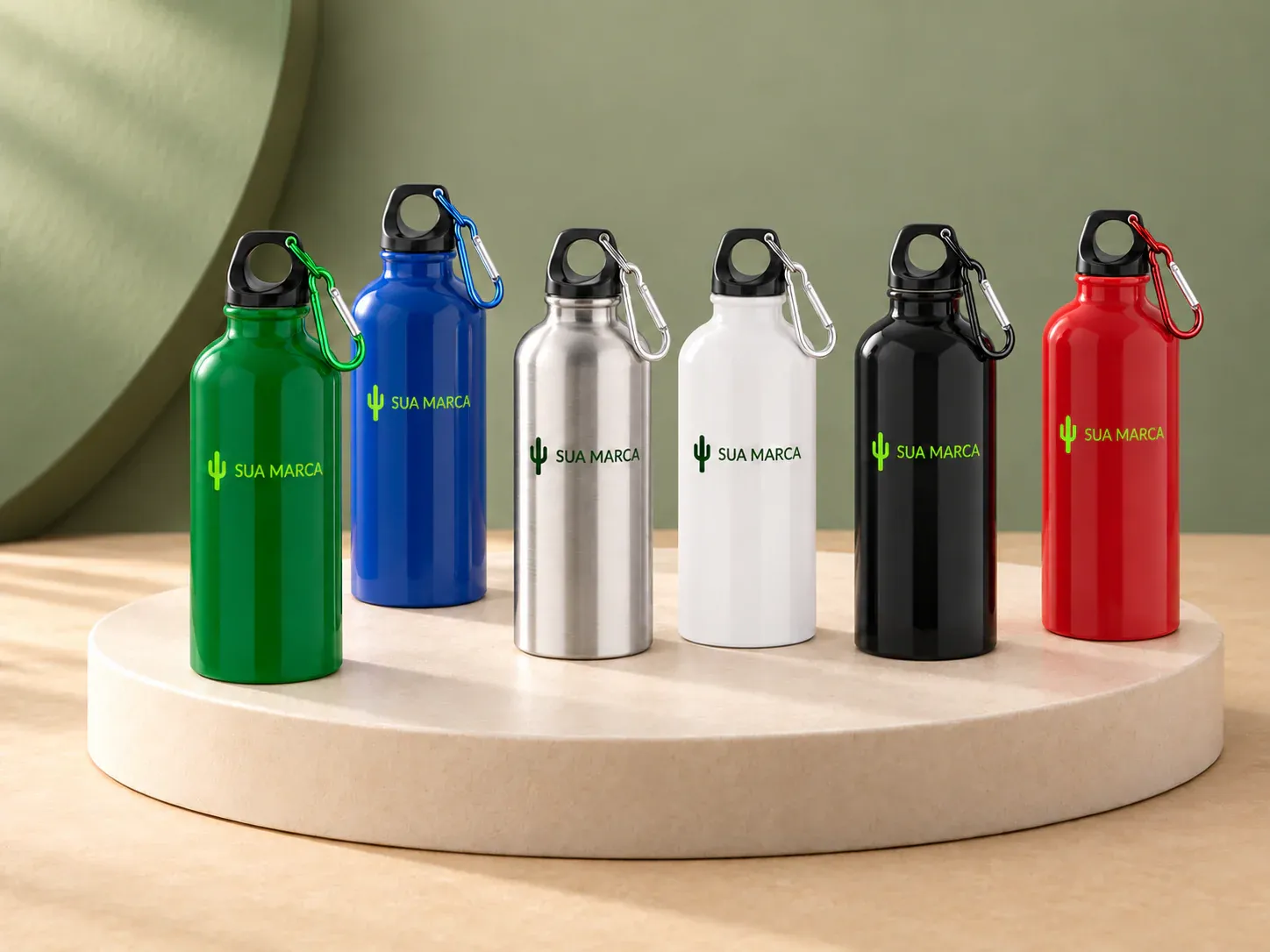 Squeeze esportiva em aço inox 560 ml, com exemplo de personalização colorida: um cacto e o texto “SUA MARCA” impressos em cor
