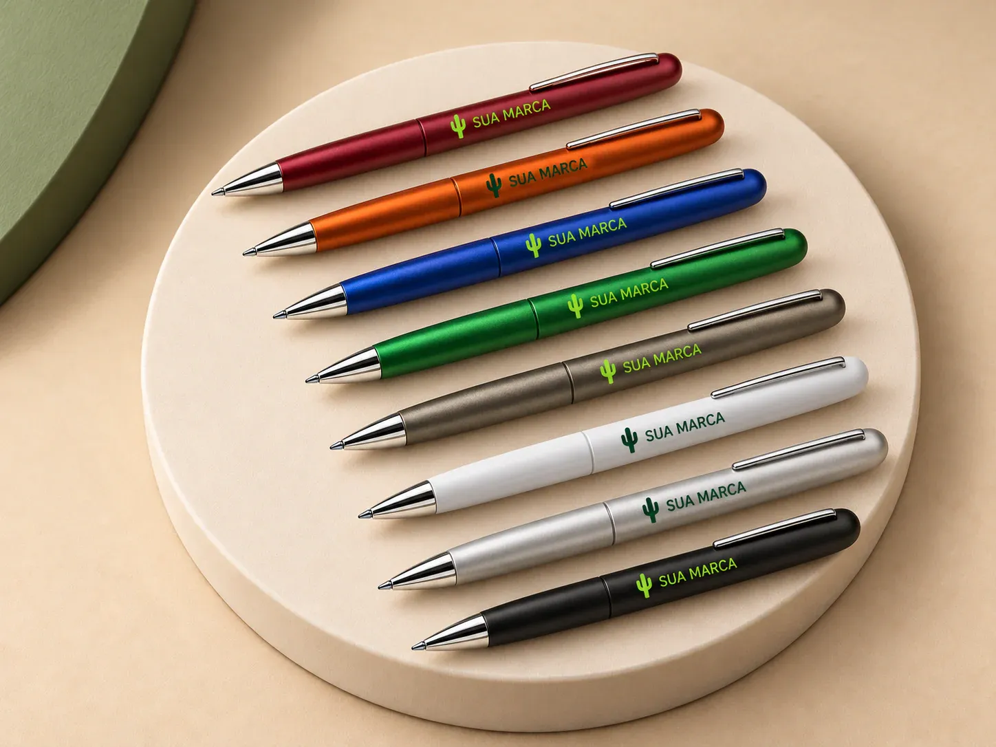 Caneta plástica, com exemplo de personalização colorida: um cacto e o texto “SUA MARCA” impressos em cor