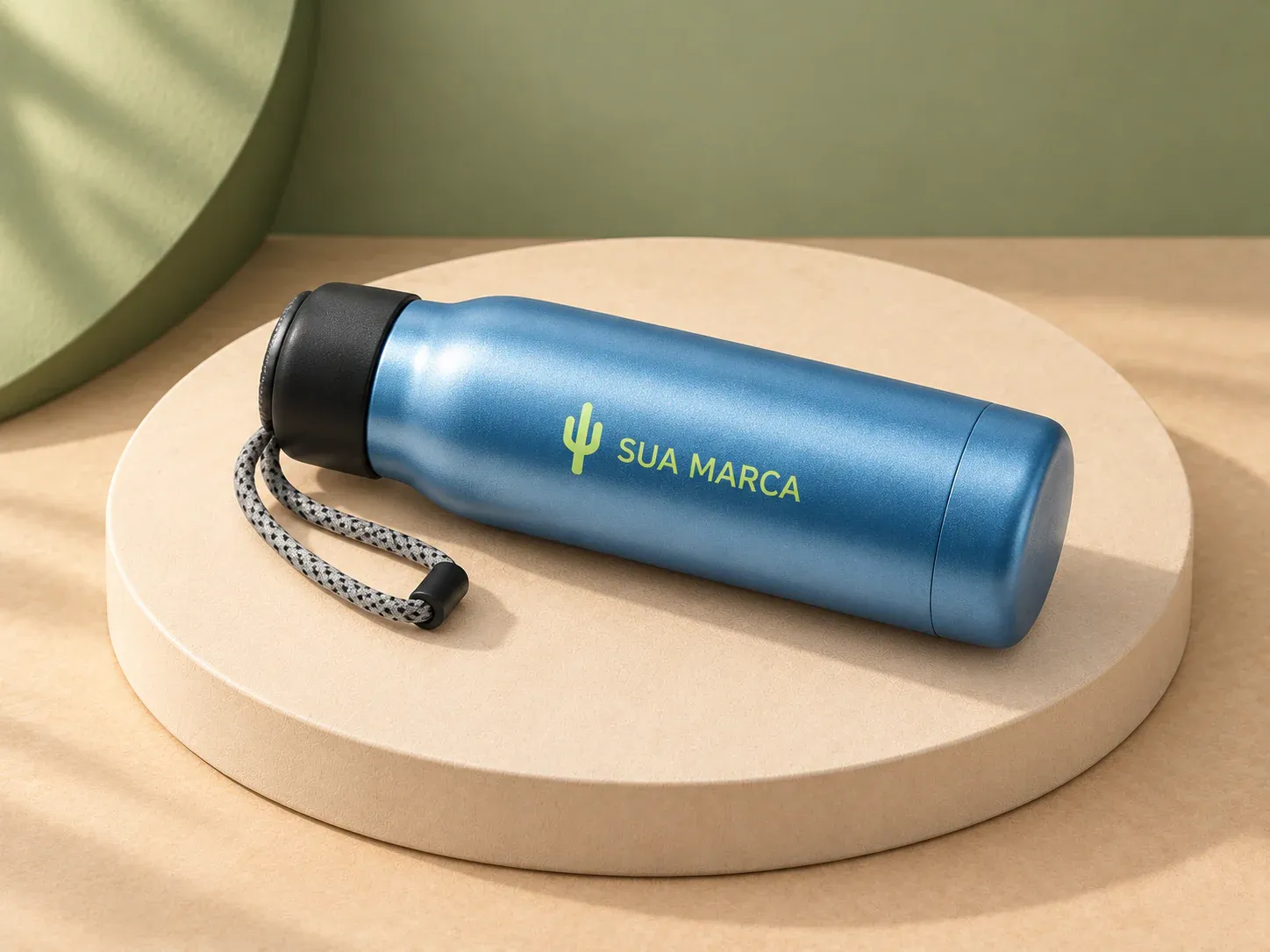 Garrafa térmica inox 420 ml, com exemplo de personalização colorida: um cacto e o texto “SUA MARCA” impressos em cor
