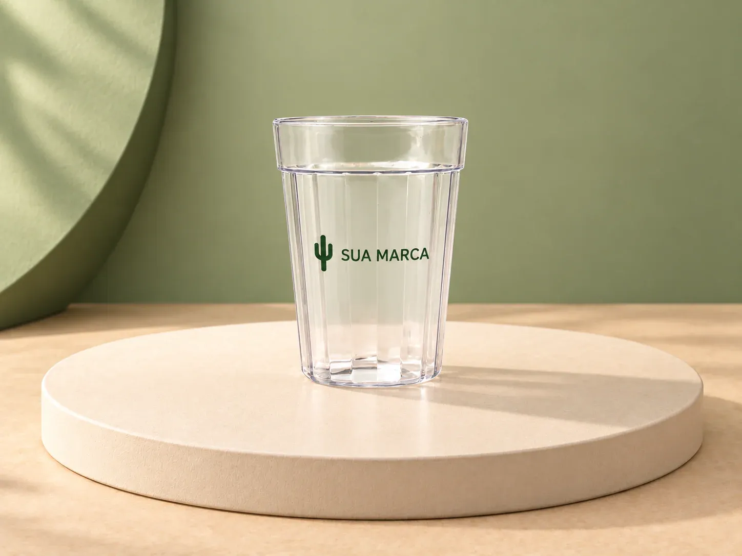 Copo plástico 190 ml, com exemplo de personalização colorida: um cacto e o texto “SUA MARCA” impressos em cor
