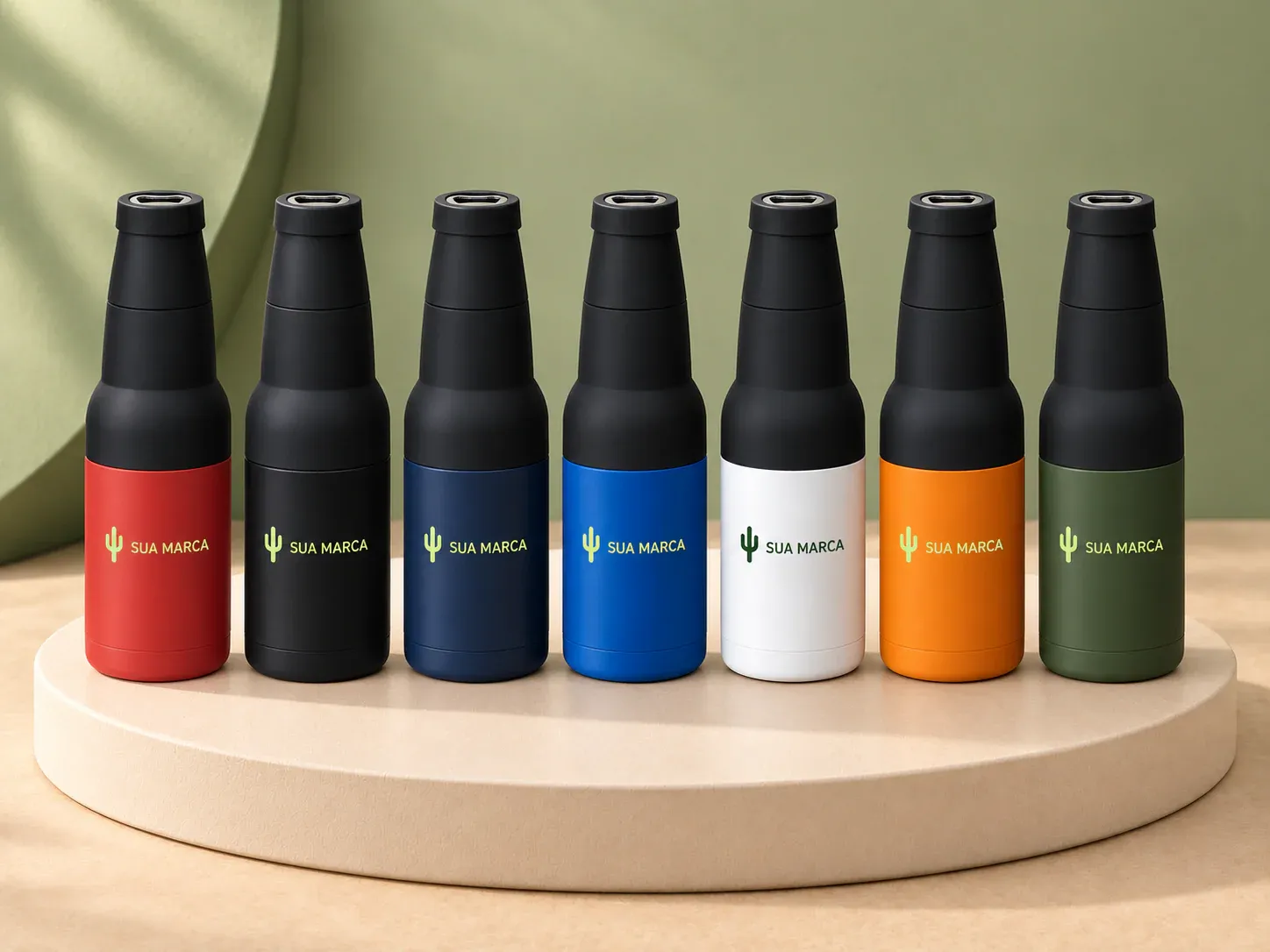 Copo térmico multiuso inox, com exemplo de personalização colorida: um cacto e o texto “SUA MARCA” impressos em cor