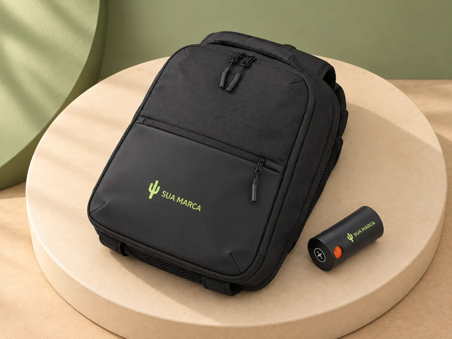 Mochila premium a vácuo para notebook 15,6" 26 L, com exemplo de personalização colorida: um cacto e o texto “SUA MARCA” impressos em cor