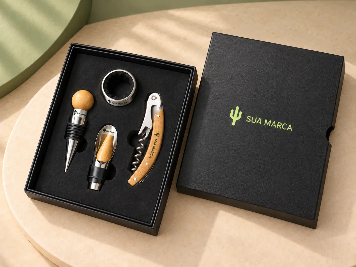 Kit vinho com 4 peças em caixa presenteável, com exemplo de personalização colorida: um cacto e o texto “SUA MARCA” impressos em cor