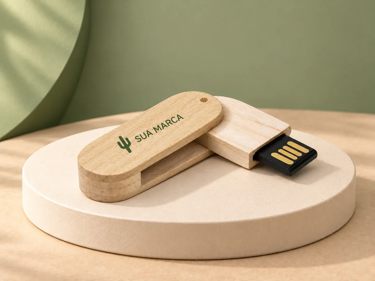 Pen drive bambu giratório 4 GB, com exemplo de personalização colorida: um cacto e o texto “SUA MARCA” impressos em cor