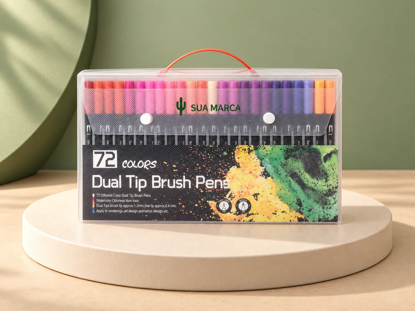 Kit canetinhas ponta dupla 72 cores, com exemplo de personalização colorida: um cacto e o texto “SUA MARCA” impressos em cor