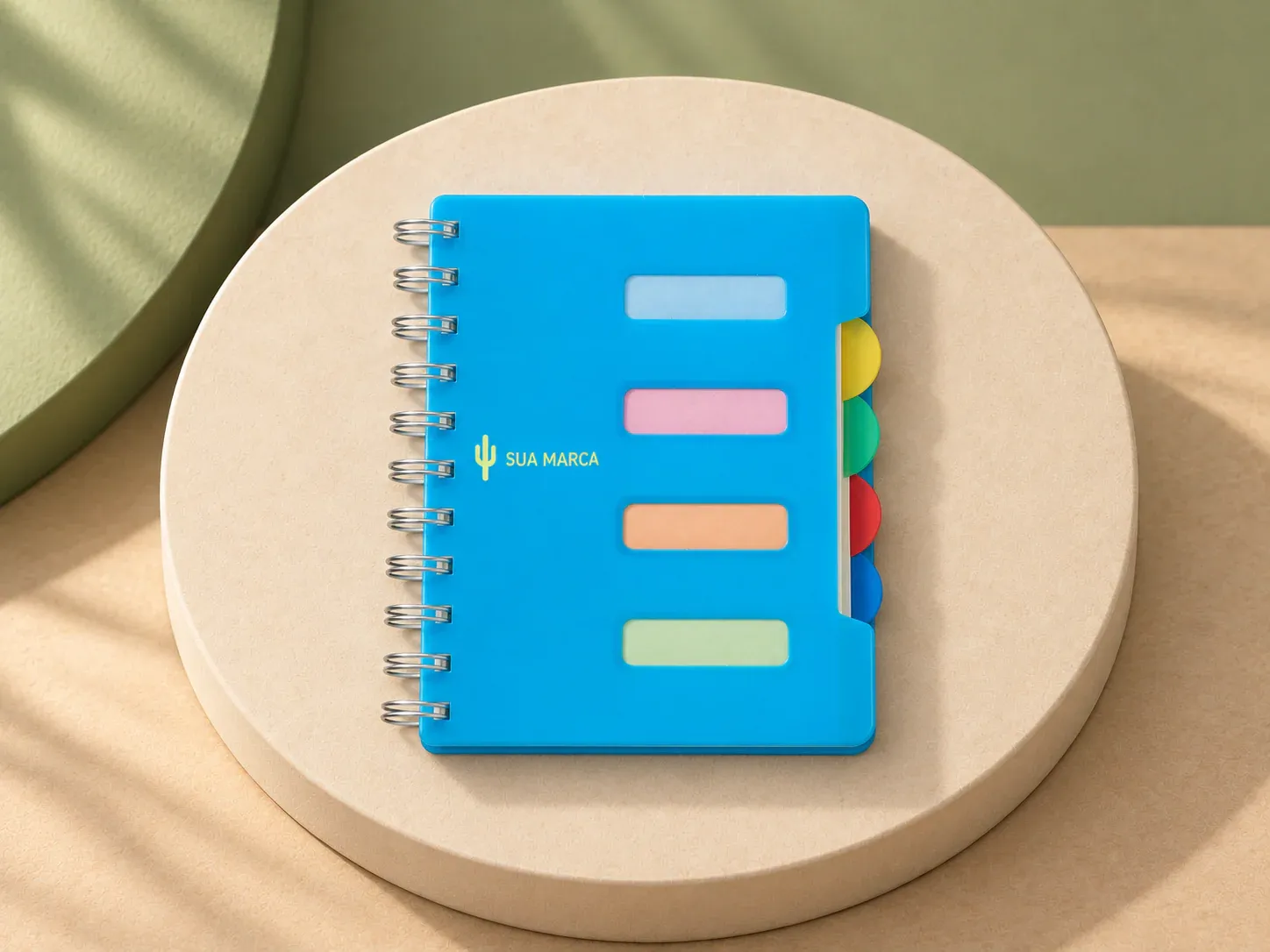 Caderno pequeno com divisórias, com exemplo de personalização colorida: um cacto e o texto “SUA MARCA” impressos em cor