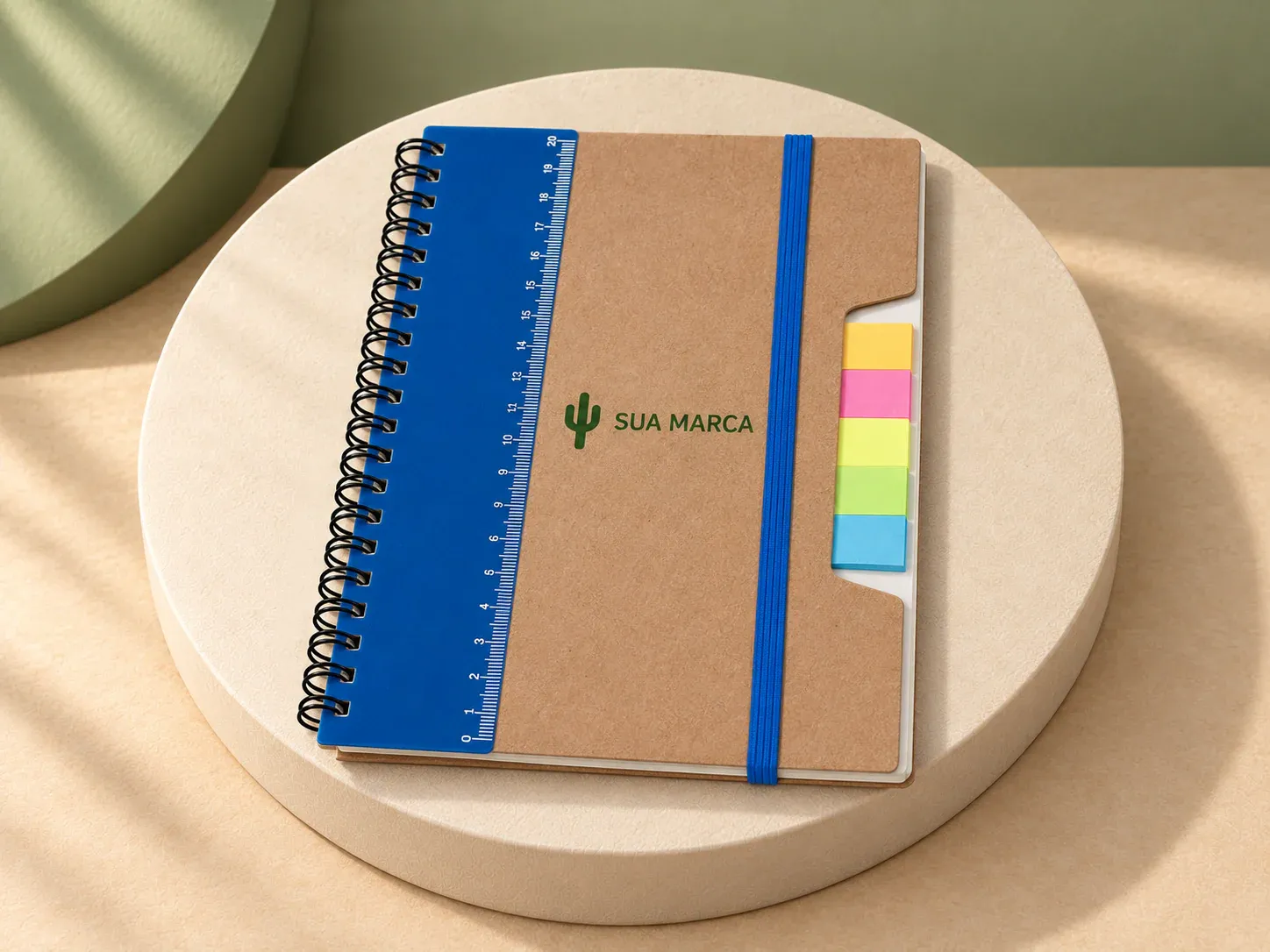 Caderno com régua e autoadesivos, com exemplo de personalização colorida: um cacto e o texto “SUA MARCA” impressos em cor