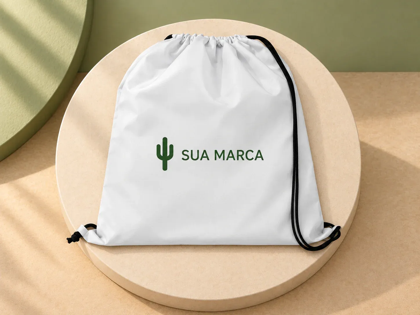 Sacola tipo mochila em 210D com cordões pretos, com exemplo de personalização colorida: um cacto e o texto “SUA MARCA” impressos em cor