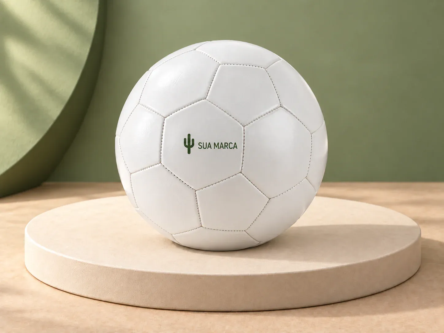 Bola de futebol em PVC, com exemplo de personalização colorida: um cacto e o texto “SUA MARCA” impressos em cor