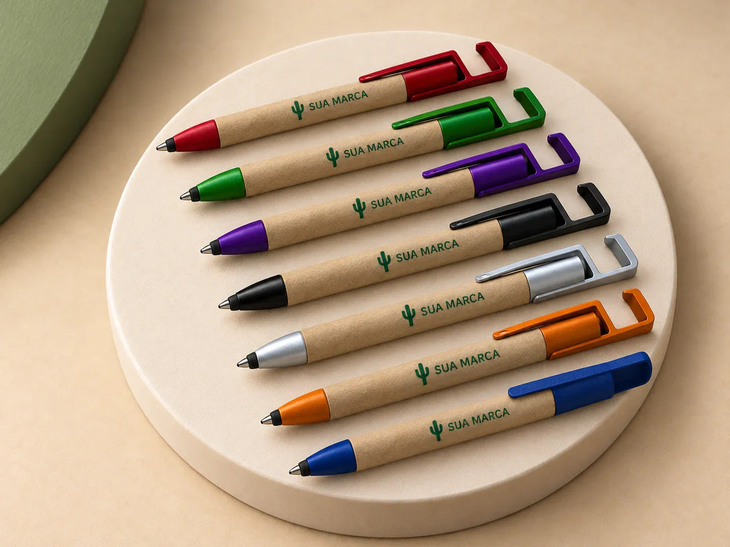 Caneta ecológica touch com suporte, com exemplo de personalização colorida: um cacto e o texto “SUA MARCA” impressos em cor