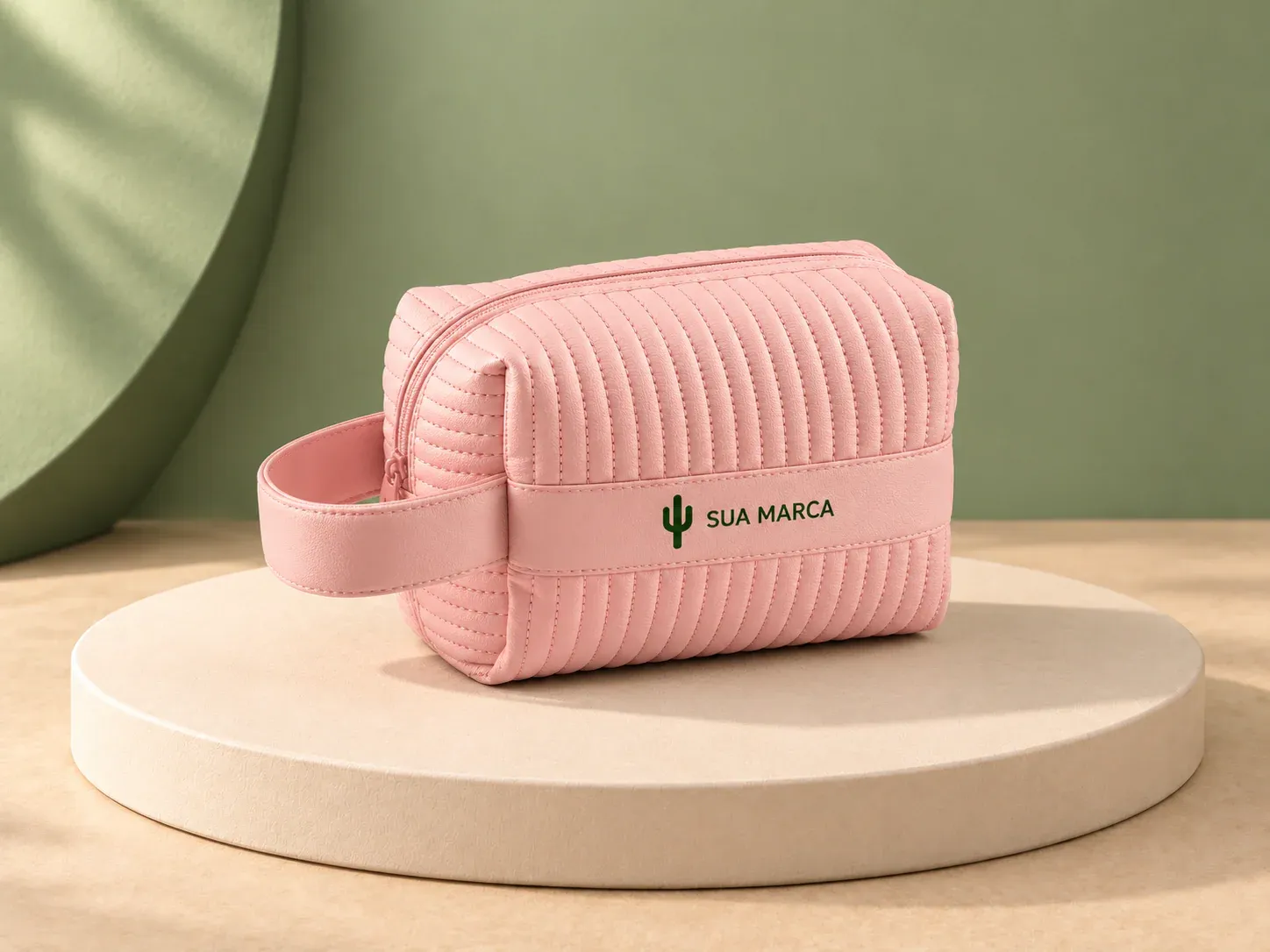 Bolsa de cosméticos em PU reciclado com pega lateral, com exemplo de personalização colorida: um cacto e o texto “SUA MARCA” impressos em cor