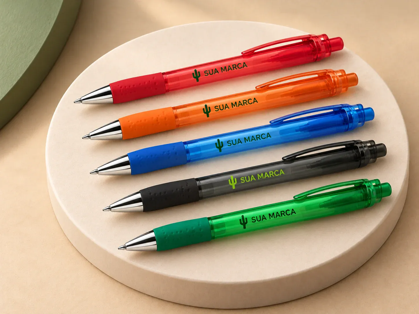 Caneta plástica, com exemplo de personalização colorida: um cacto e o texto “SUA MARCA” impressos em cor