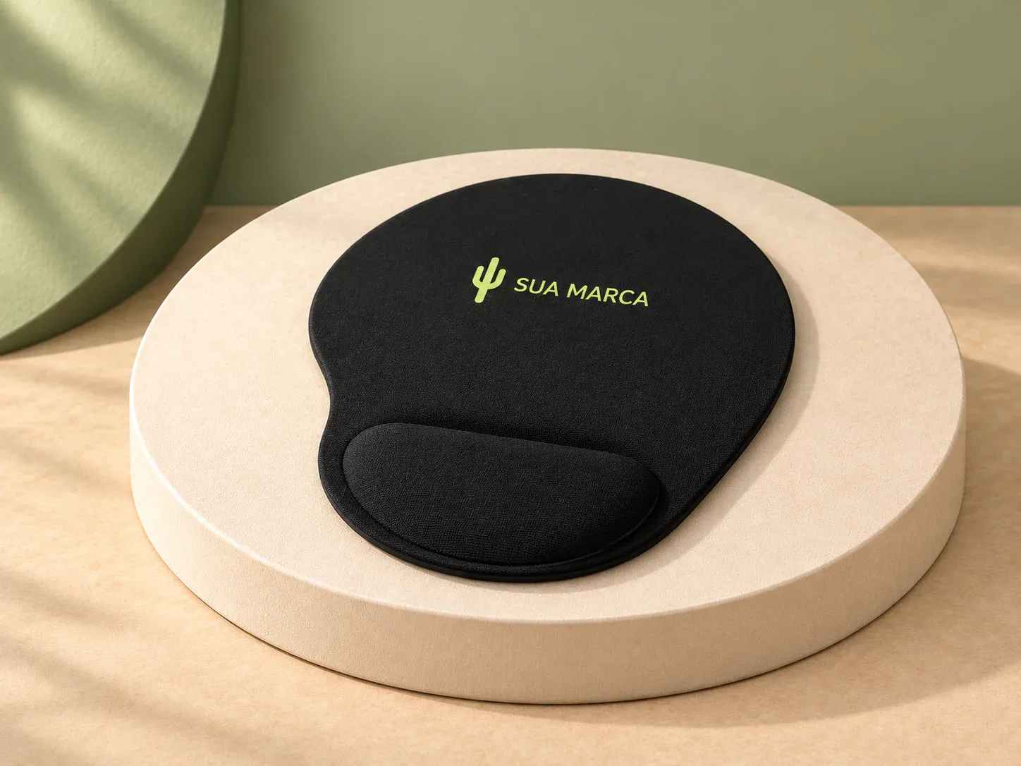 Mouse pad ergonômico, com exemplo de personalização colorida: um cacto e o texto “SUA MARCA” impressos em cor