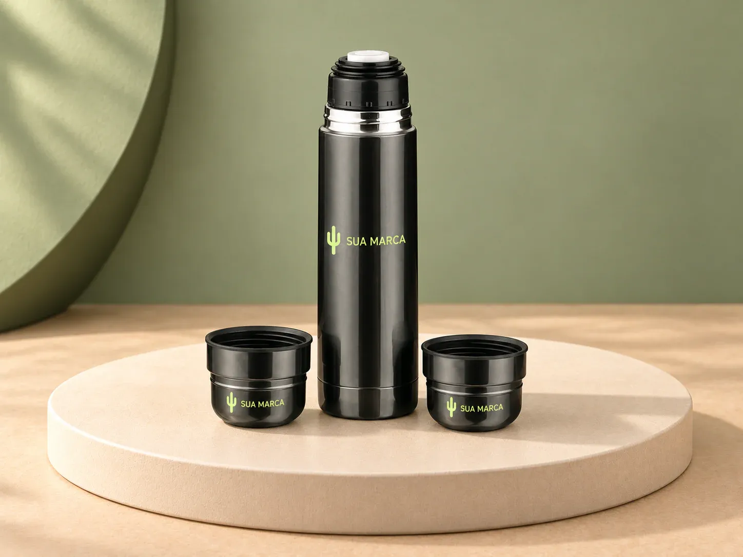 Garrafa térmica em aço inox 750 ml com 2 copos, com exemplo de personalização colorida: um cacto e o texto “SUA MARCA” impressos em cor