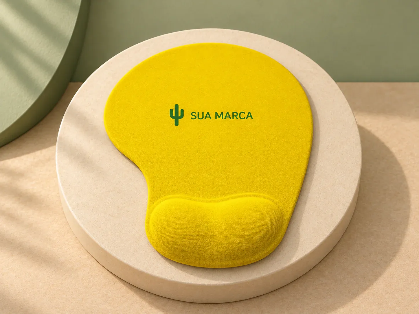 Mouse pad ergonômico com apoio em silicone, com exemplo de personalização colorida: um cacto e o texto “SUA MARCA” impressos em cor