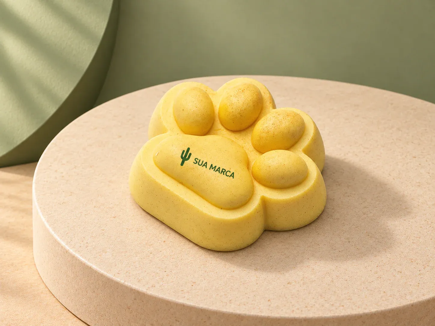 Squishy pata antiestresse, com exemplo de personalização colorida: um cacto e o texto “SUA MARCA” impressos em cor