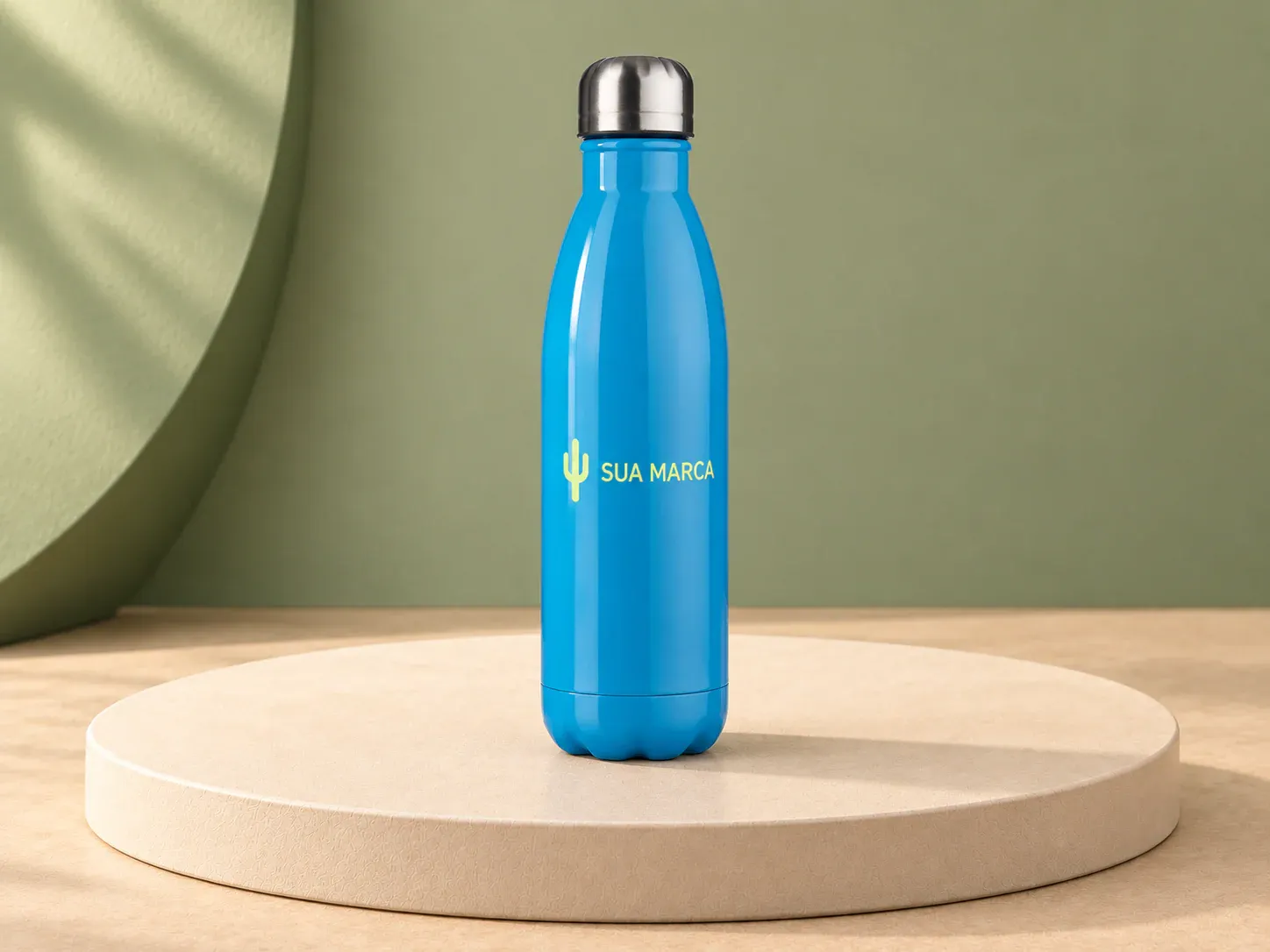 Garrafa inox 750 ml com pintura brilhante, com exemplo de personalização colorida: um cacto e o texto “SUA MARCA” impressos em cor