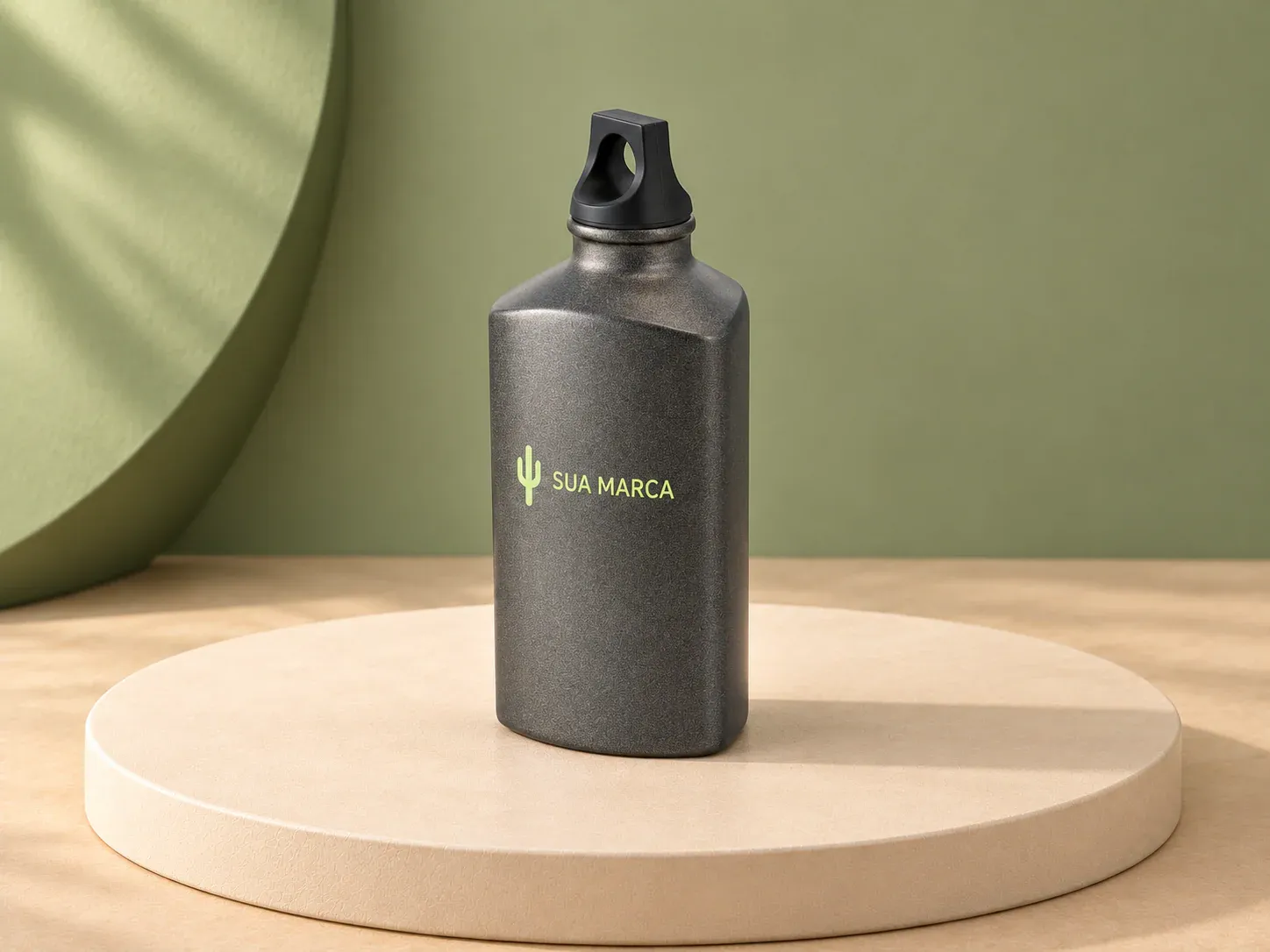 Squeeze em alumínio 570 ml formato triangular, com exemplo de personalização colorida: um cacto e o texto “SUA MARCA” impressos em cor
