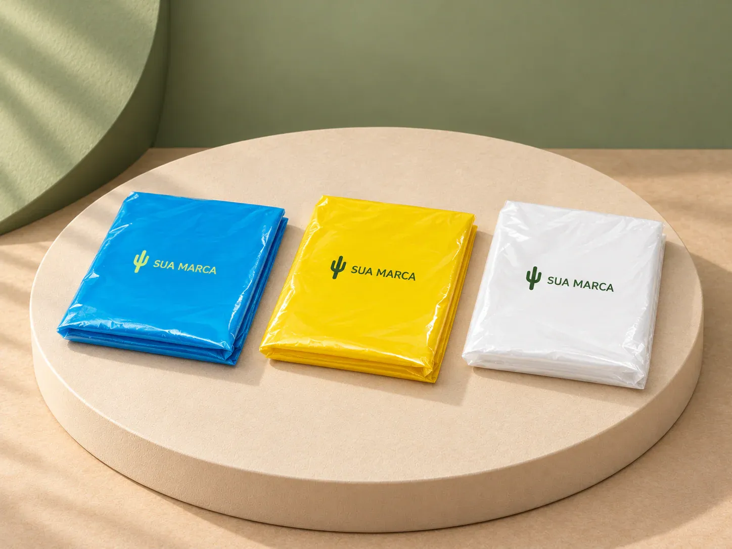 Capa de chuva tamanho único em polybag, com exemplo de personalização colorida: um cacto e o texto “SUA MARCA” impressos em cor