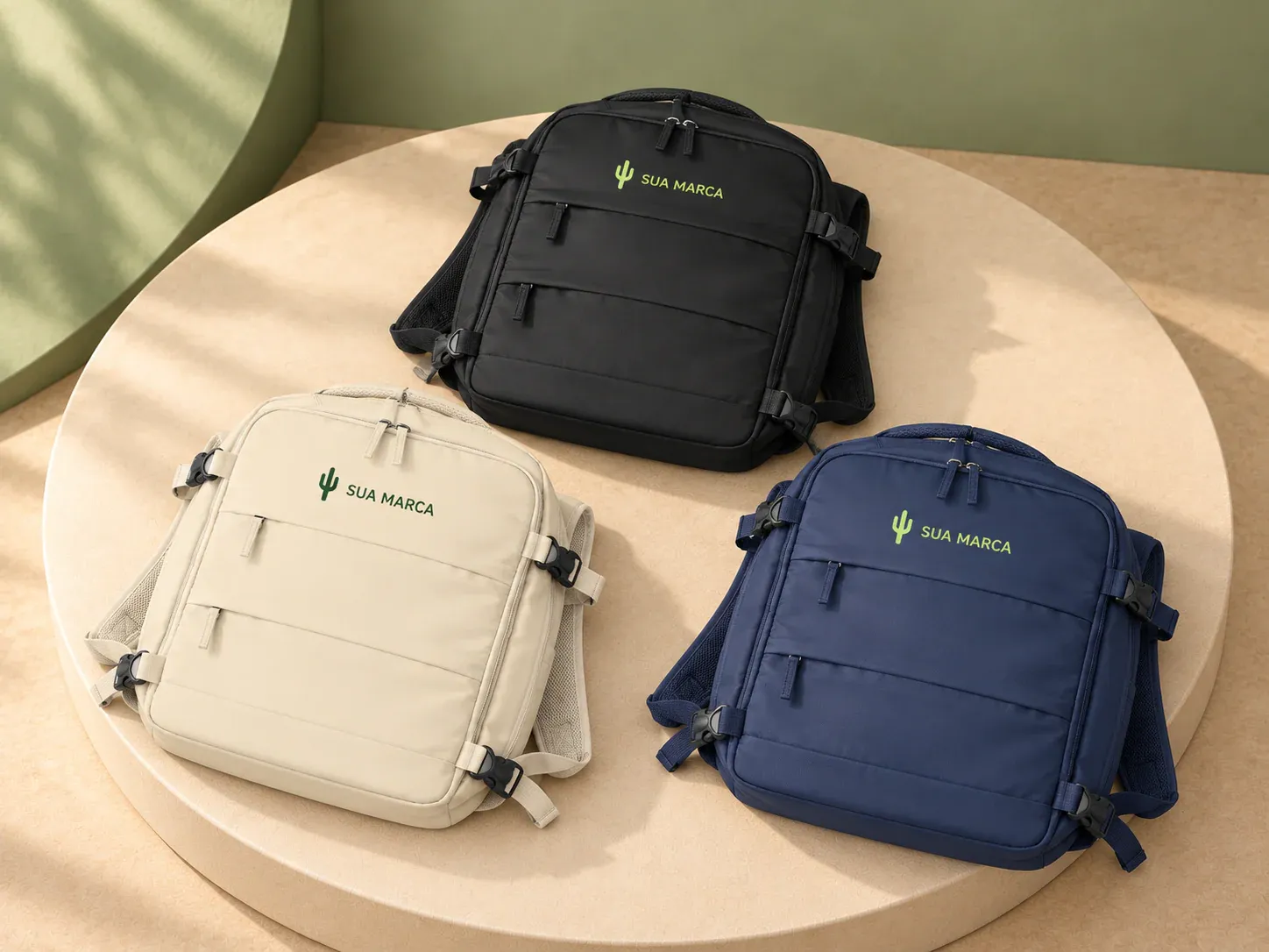 Mochila em poliéster 26 L para notebook 15,6", com exemplo de personalização colorida: um cacto e o texto “SUA MARCA” impressos em cor