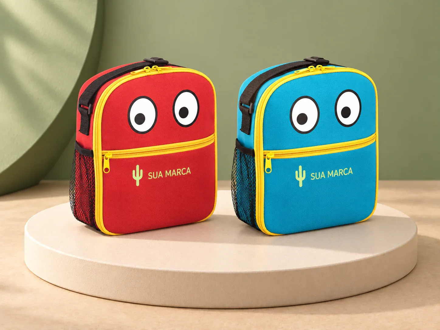 Bolsa térmica infantil 4 L em 600D, com exemplo de personalização colorida: um cacto e o texto “SUA MARCA” impressos em cor
