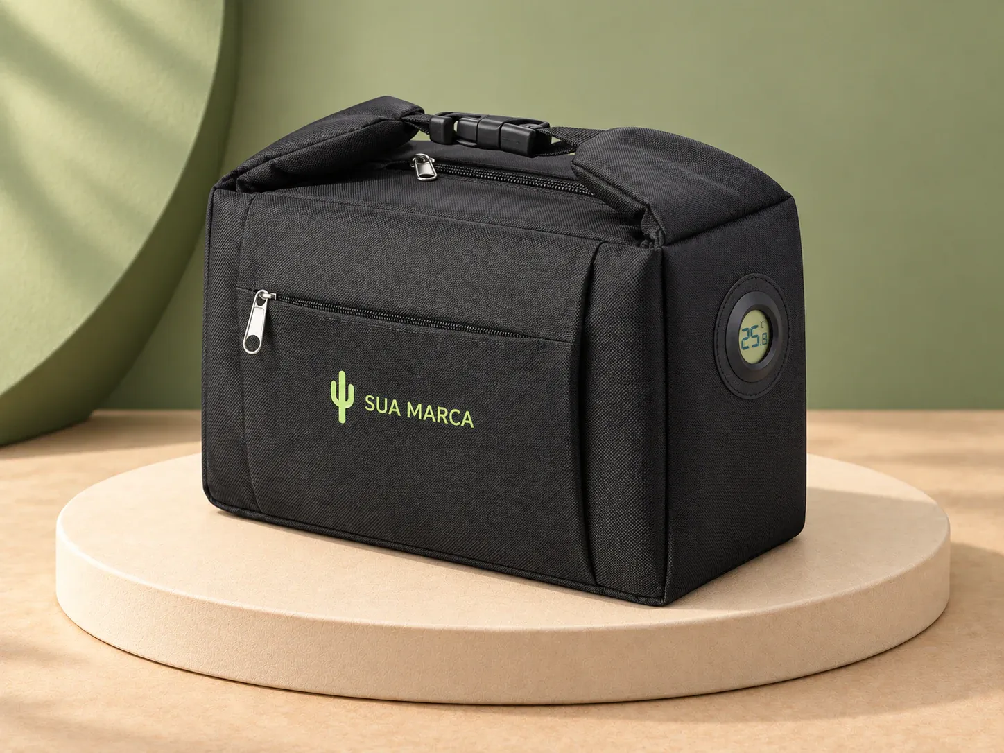 Bolsa térmica em poliéster 600D com marcador de temperatura, com exemplo de personalização colorida: um cacto e o texto “SUA MARCA” impressos em cor