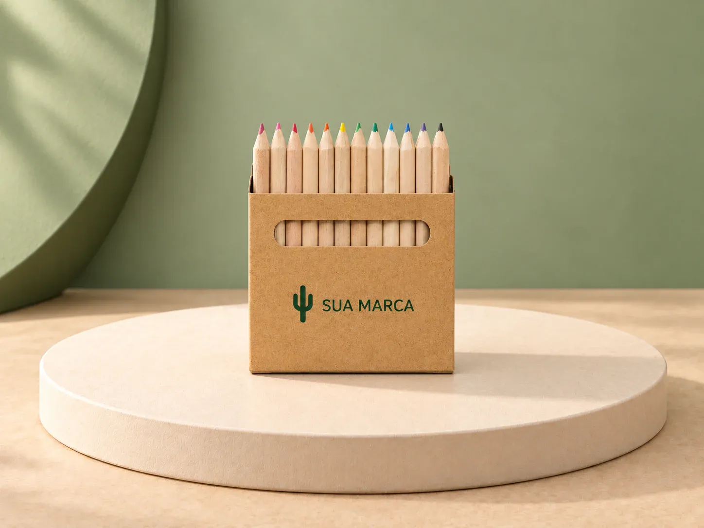 Caixa de cartão com 12 mini lápis de cor, com exemplo de personalização colorida: um cacto e o texto “SUA MARCA” impressos em cor
