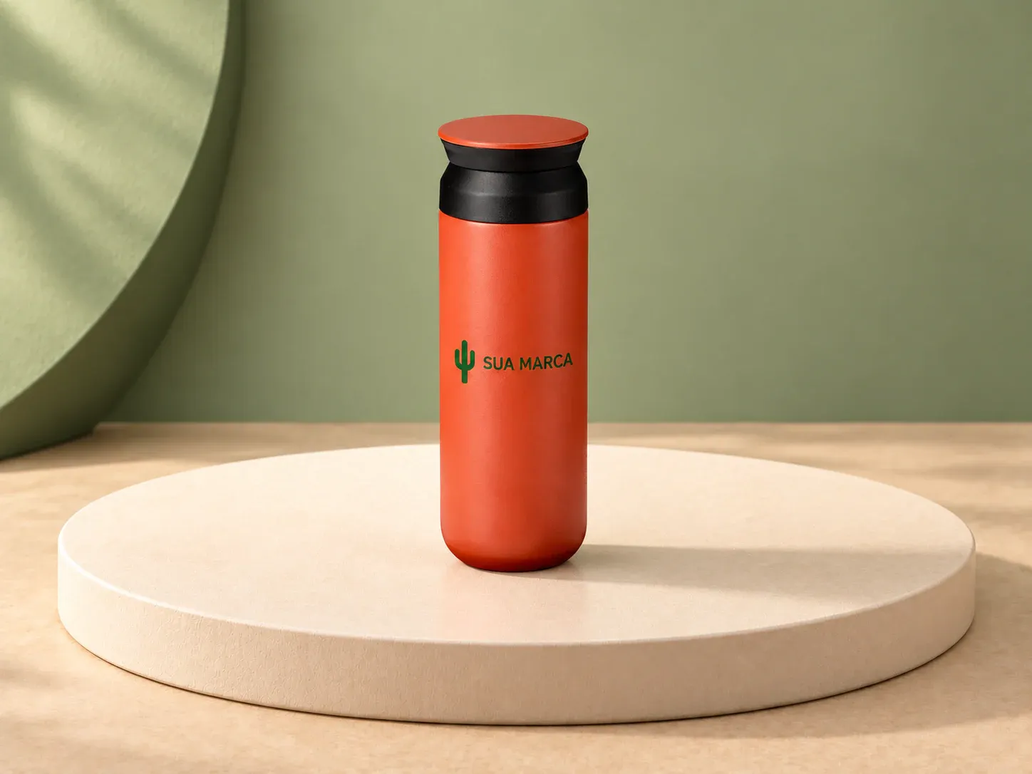 Garrafa térmica 470 ml, com exemplo de personalização colorida: um cacto e o texto “SUA MARCA” impressos em cor