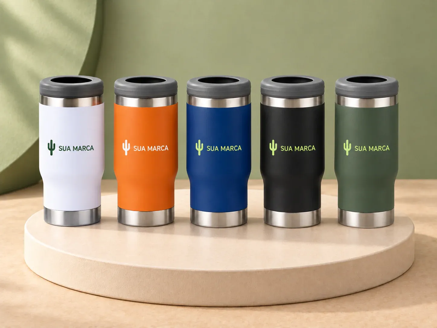 Copo térmico inox 380 ml, com exemplo de personalização colorida: um cacto e o texto “SUA MARCA” impressos em cor