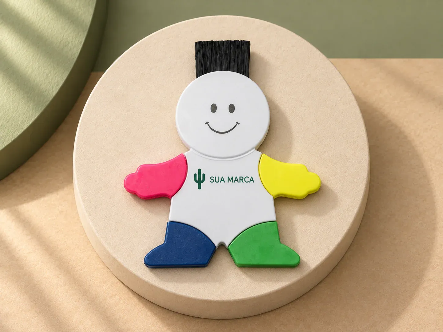Marca texto boneco com limpador de tela e teclado, com exemplo de personalização colorida: um cacto e o texto “SUA MARCA” impressos em cor