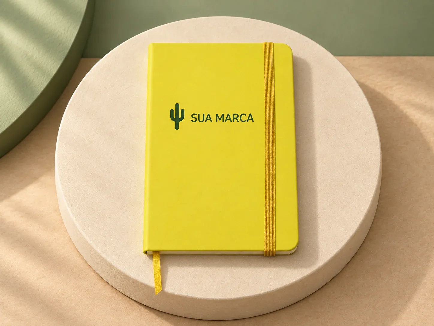 Caderneta emborrachada, com exemplo de personalização colorida: um cacto e o texto “SUA MARCA” impressos em cor