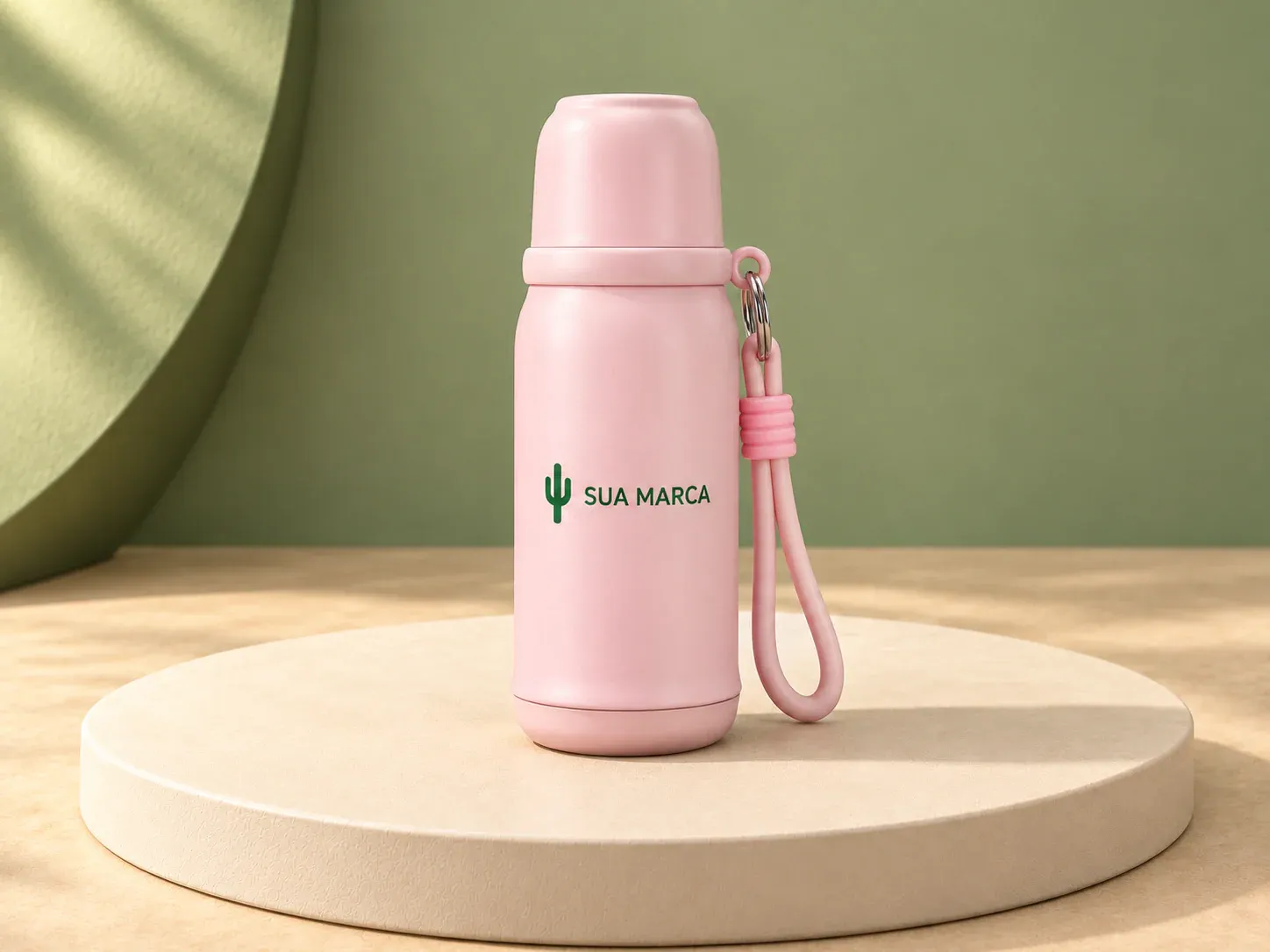 Garrafa térmica 500 ml, com exemplo de personalização colorida: um cacto e o texto “SUA MARCA” impressos em cor