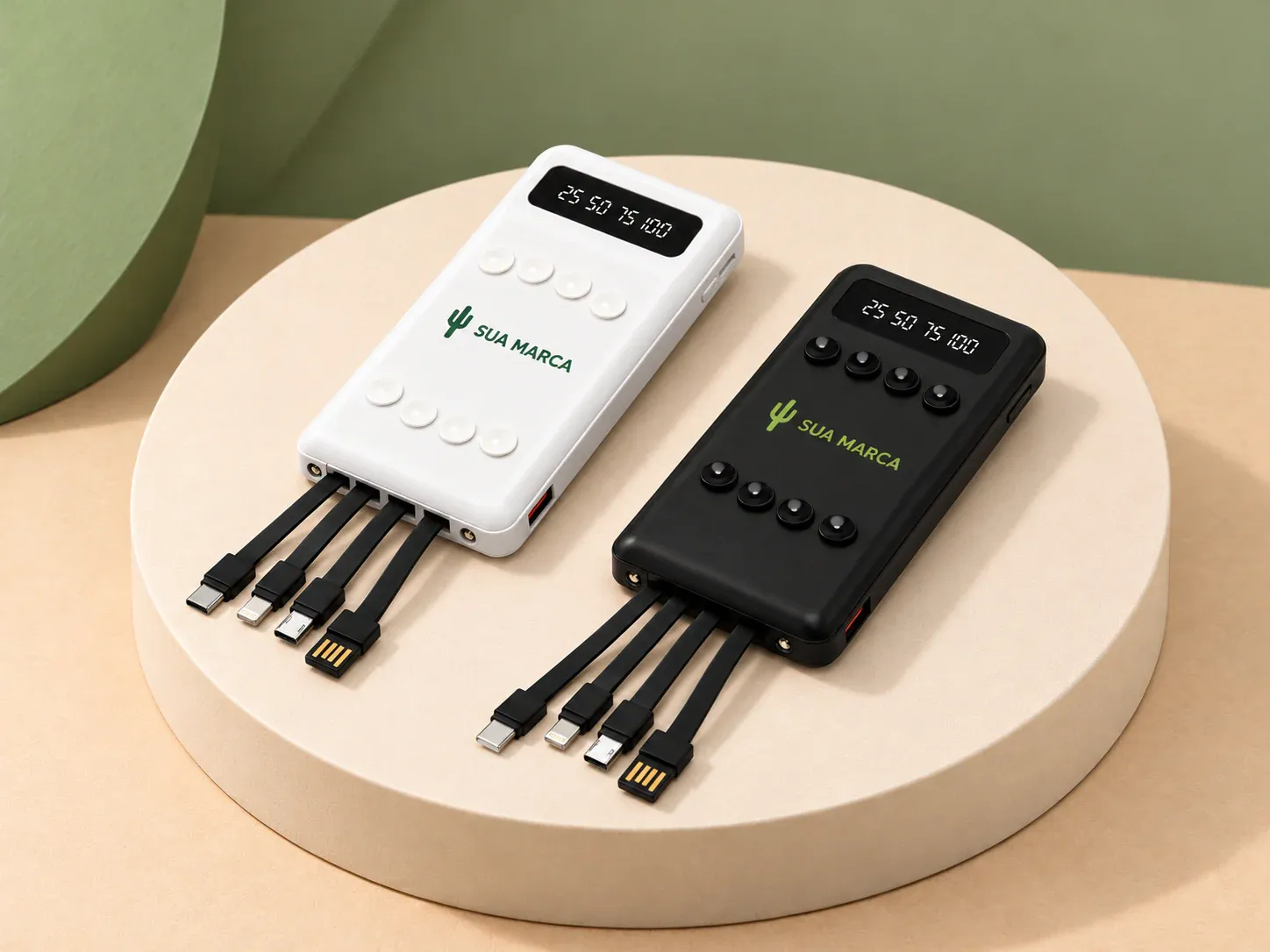 Power bank 10.000 mAh com ventosas, lanterna e multissaídas, com exemplo de personalização colorida: um cacto e o texto “SUA MARCA” impressos em cor
