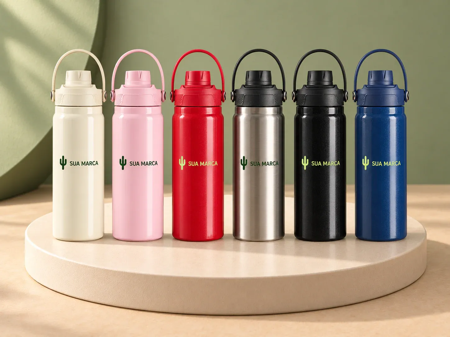 Garrafa térmica 600 ml, com exemplo de personalização colorida: um cacto e o texto “SUA MARCA” impressos em cor