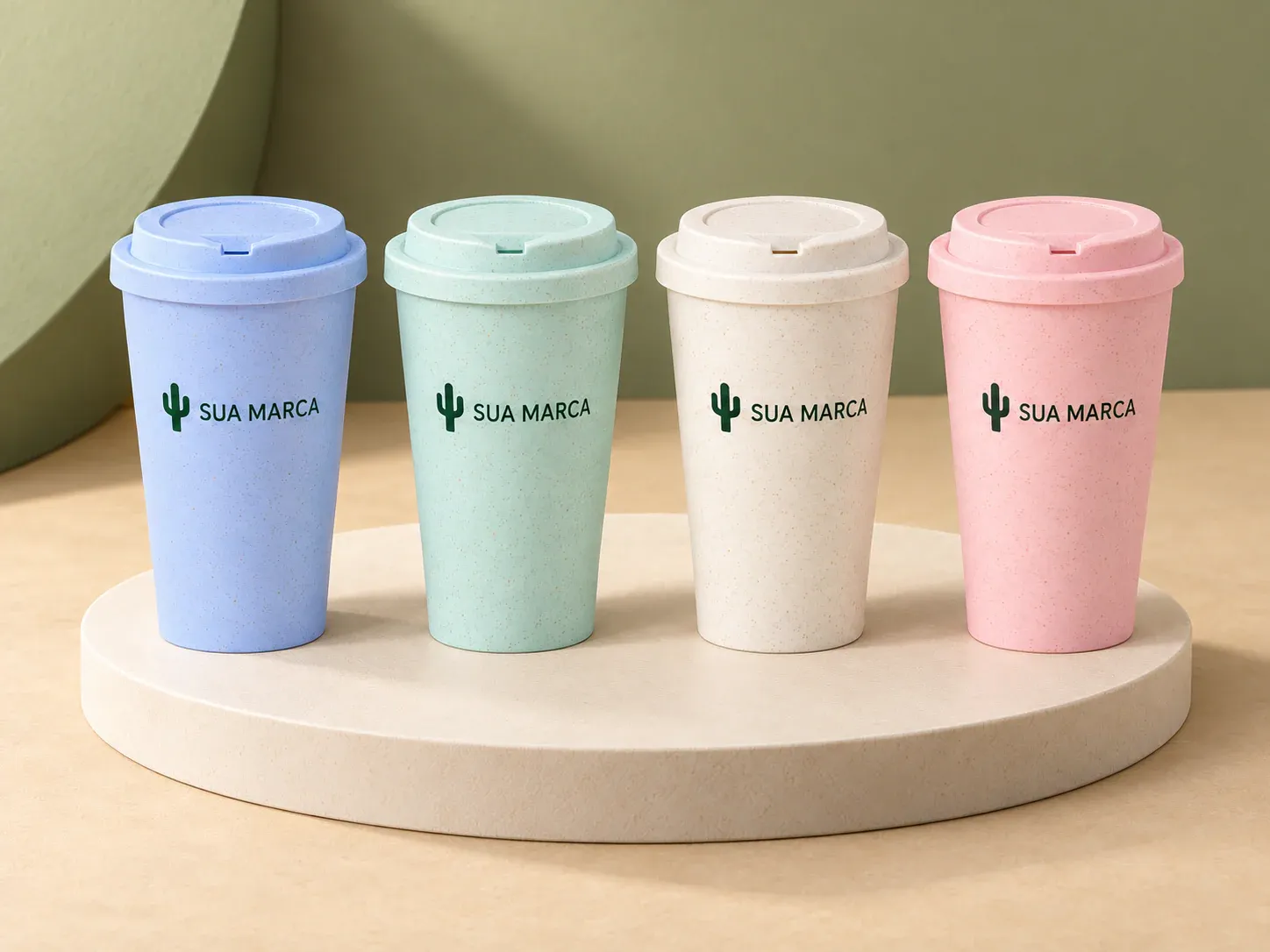Copo fibra de bambu 450 ml, com exemplo de personalização colorida: um cacto e o texto “SUA MARCA” impressos em cor