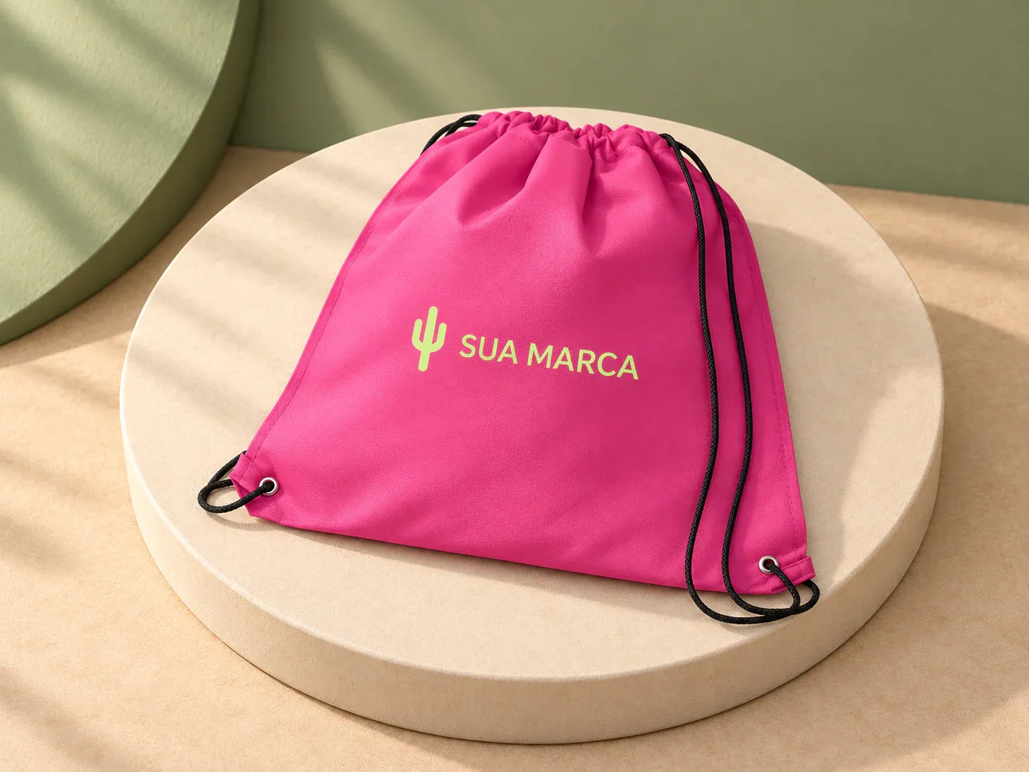 Sacola tipo mochila em non-woven 80 g/m² termo-selado, com exemplo de personalização colorida: um cacto e o texto “SUA MARCA” impressos em cor
