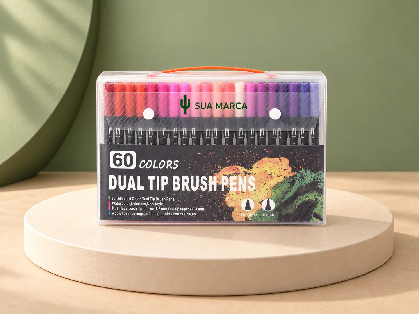 Kit canetinhas ponta dupla 60 cores, com exemplo de personalização colorida: um cacto e o texto “SUA MARCA” impressos em cor